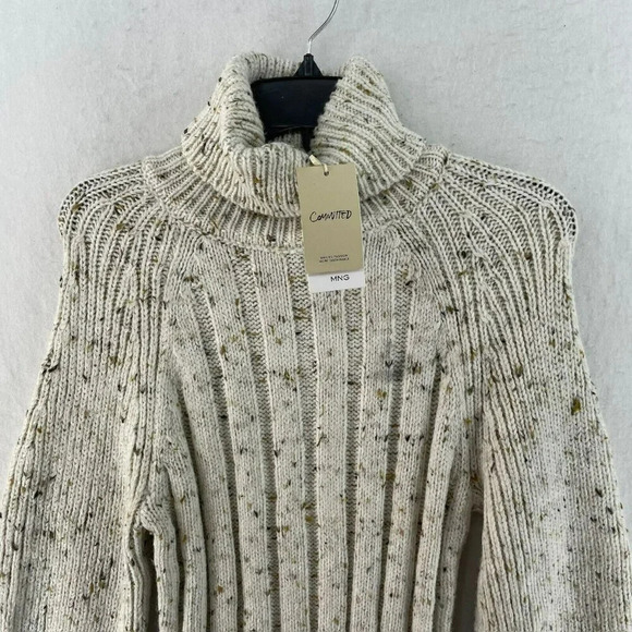 Mango Sweater Dress S Beige Flecked Turtle Neck Bodycon All-Match Raglan Sleeve - Picture 6 of 11